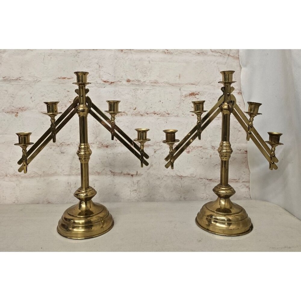 Vintage Pair of Ornate Brass 5-Arm Adjustable Candelabras